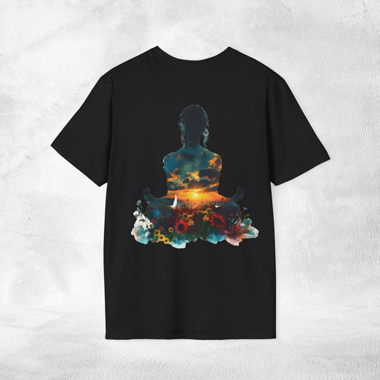 Womens yoga shirt meditate pose backprint