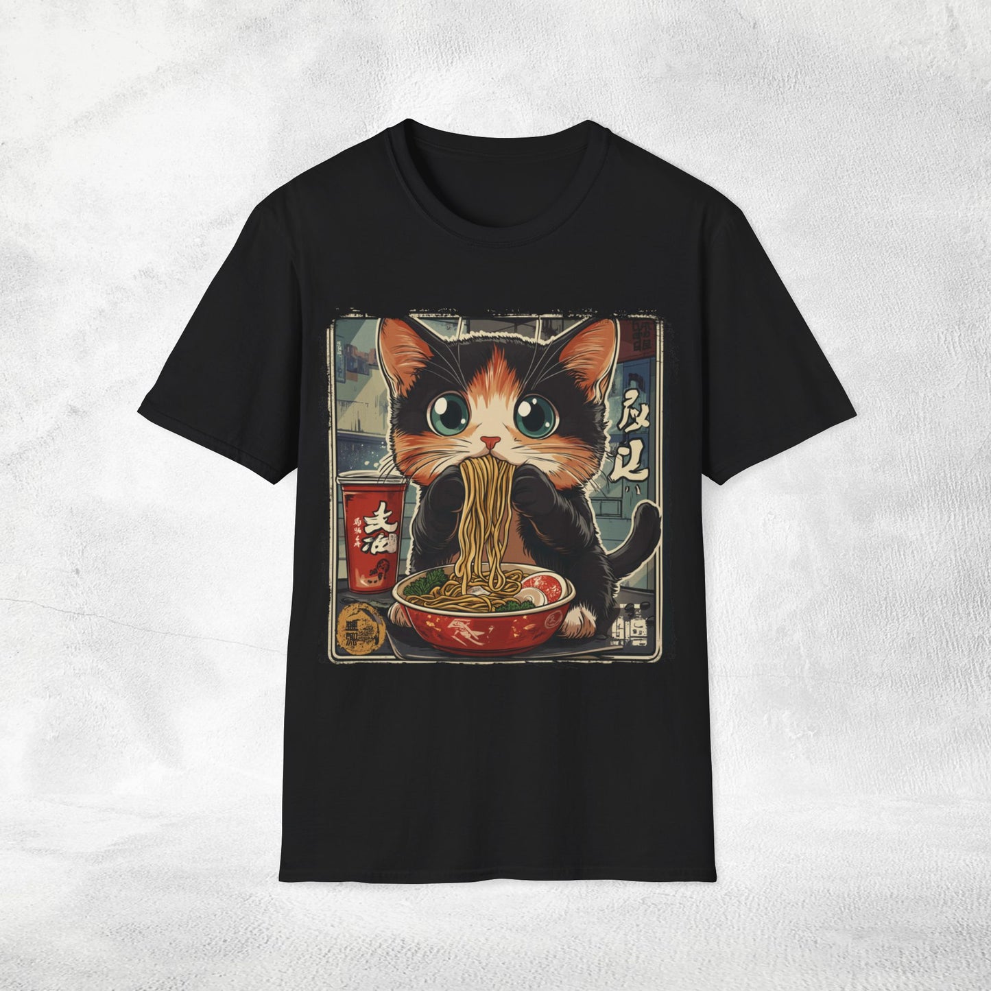 Unisex cat eats ramen / japanese restaurant