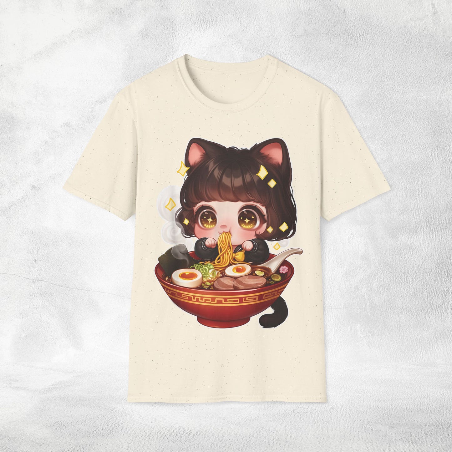 Unisex cat eats ramen / japanese restaurant